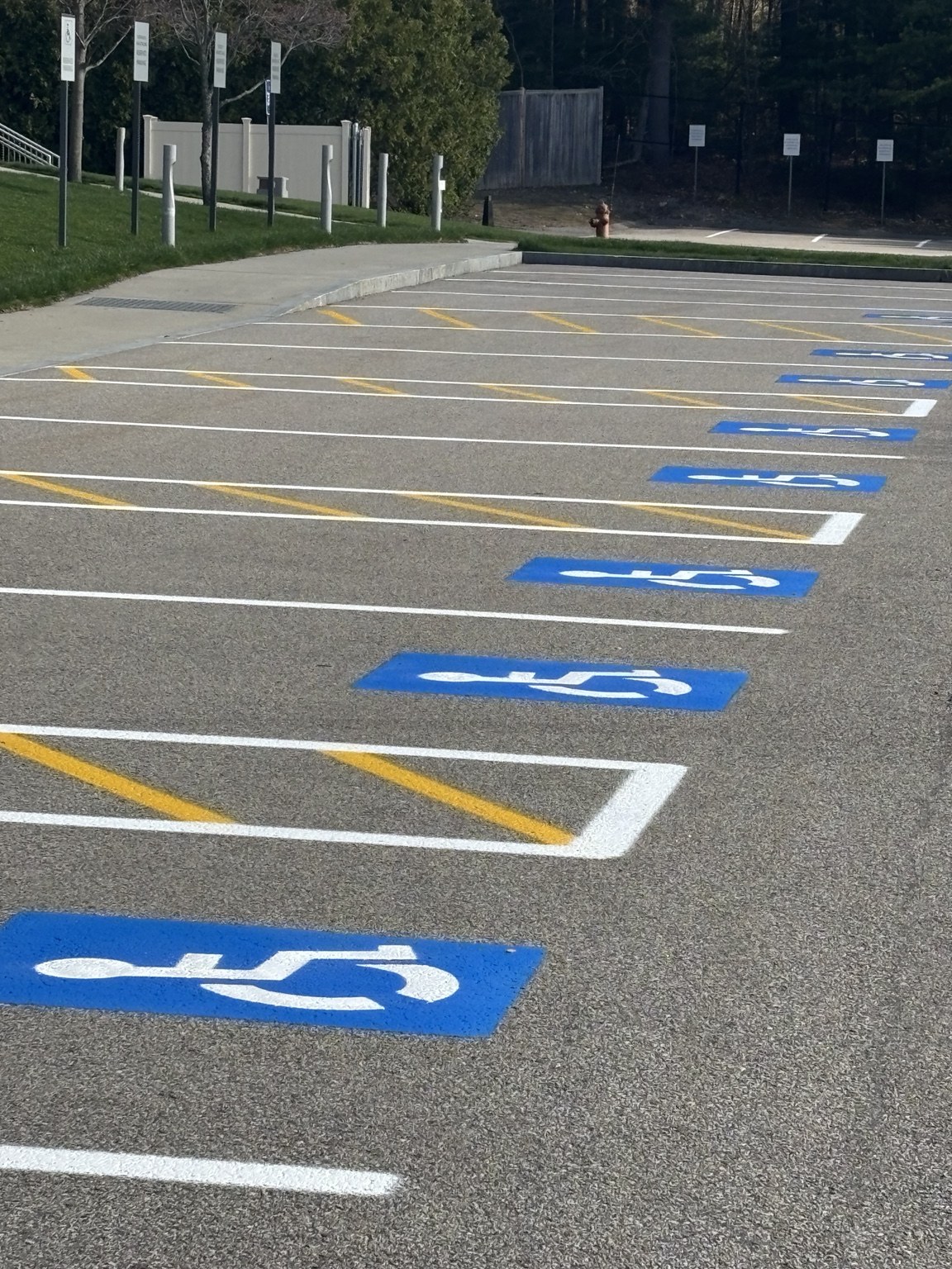 White parking space lines and blue accessible parking symbols from a Jagged Edge project